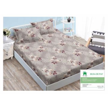 Husa de pat cu elastic 140x200 din Bumbac Finet + 2 Fete de Perna - Gri Cu Mini Floricele