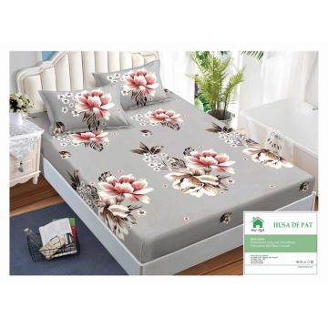 Husa de pat cu elastic 140x200 din Bumbac Finet + 2 Fete de Perna - Gri Cu Trandafiri