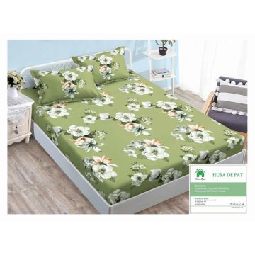 Husa de pat cu elastic 140x200 din Bumbac Finet + 2 Fete de Perna - Verde Cu Flori
