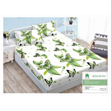 Husa de pat cu elastic 160x200 din Bumbac Finet + 2 Fete de Perna - Alb Fluturi Verzi