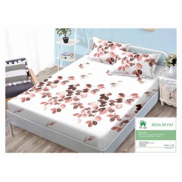 Husa de pat cu elastic 160x200 din Bumbac Finet + 2 Fete de Perna - Alb Roz