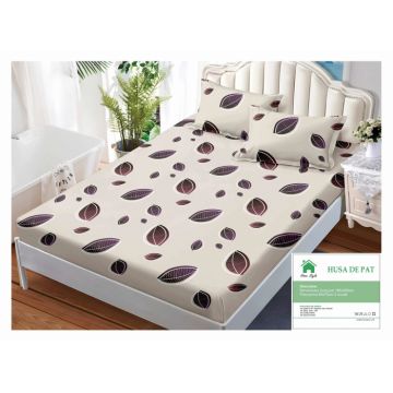 Husa de pat cu elastic 160x200 din Bumbac Finet + 2 Fete de Perna - Bej Cu Frunze