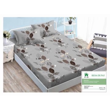 Husa de pat cu elastic 160x200 din Bumbac Finet + 2 Fete de Perna - Gri Cu Frunze Stralucitoare