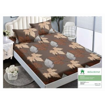 Husa de pat cu elastic 160x200 din Bumbac Finet + 2 Fete de Perna - Maro Cu Frunze De Toamna
