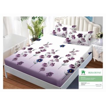 Husa de pat cu elastic 160x200 din Bumbac Finet + 2 Fete de Perna - Mov Alb