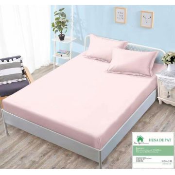 Husa de pat cu elastic 160x200 din Bumbac Finet + 2 Fete de Perna - Roz Pudra