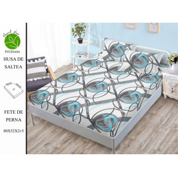 Husa de pat cu elastic 180x200 din Bumbac Finet + 2 Fete de Perna - Abstract Gri Turcoaz