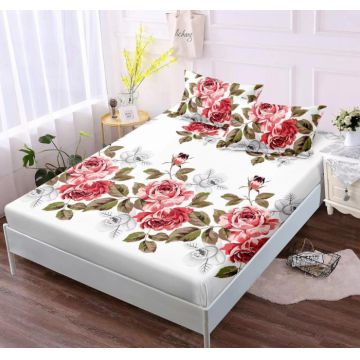 Husa de pat cu elastic 180x200 din Bumbac Finet + 2 Fete de Perna - Alb Cu Bujori