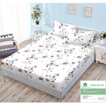 Husa de pat cu elastic 180x200 din Bumbac Finet + 2 Fete de Perna - Alb Cu Floricele