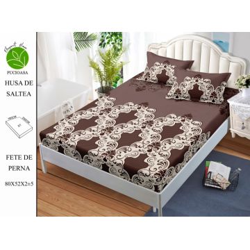 Husa de pat cu elastic 180x200 din Bumbac Finet + 2 Fete de Perna - Brown Royal