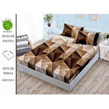 Husa de pat cu elastic 180x200 din Bumbac Finet + 2 Fete de Perna - Geometric Maro
