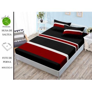 Husa de pat cu elastic 180x200 din Bumbac Finet + 2 Fete de Perna - Negru Rosu Alb