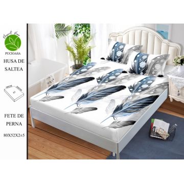 Husa de pat cu elastic 180x200 din Bumbac Finet + 2 Fete de Perna - Pene Albastre Gri