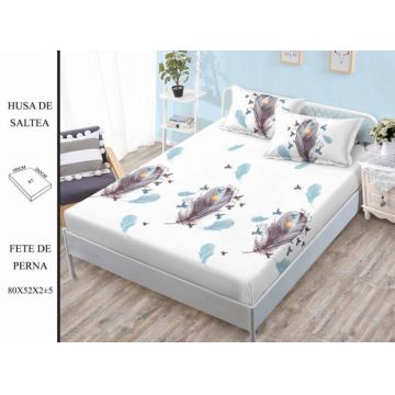 Husa de pat cu elastic 180x200 din Bumbac Finet + 2 Fete de Perna - Pene Pasari