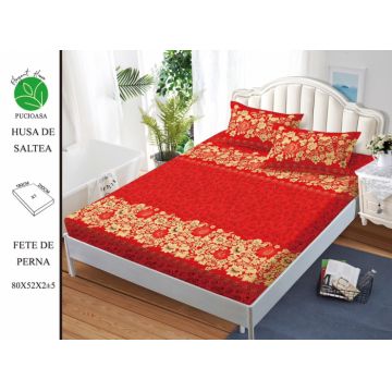 Husa de pat cu elastic 180x200 din Bumbac Finet + 2 Fete de Perna - Rosu Cu Trandafiri