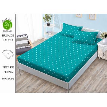 Husa de pat cu elastic 180x200 din Bumbac Finet + 2 Fete de Perna - Turcoaz Cu Buline