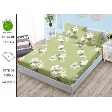 Husa de pat cu elastic 180x200 din Bumbac Finet + 2 Fete de Perna - Verde Cu Flori