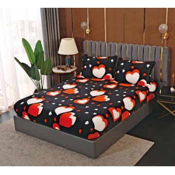Husa de pat cu elastic cocolino + 2 Fete de Perna, White Red Hearts