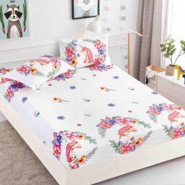 Husa de pat cu elastic din Bumbac Finet + 2 Fete de Perna - Unicorni