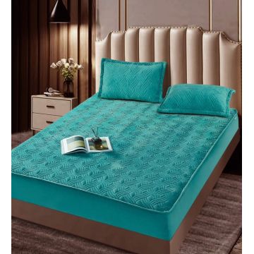 Husa matlasata tip topper din catifea, 180x200cm + 2 fete de perna 50x70cm - Turcoaz