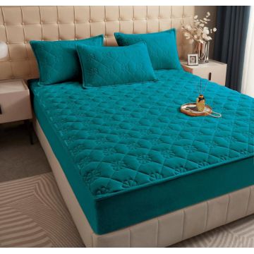 Husa matlasata tip topper din catifea, 180x200cm - Turcoaz Aprins