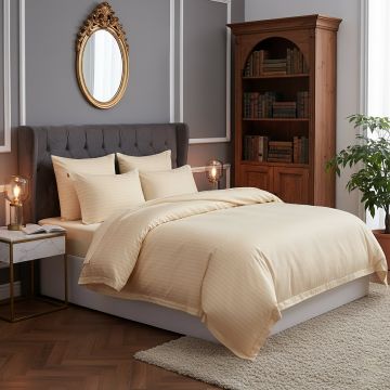 Lenjerie de pat pentru 2 persoane XXL, Bumbac Damasc 100%, 4 piese, Cearceaf pat 240x260, Cearceaf pilota 200x230, Fete de perne 50x70 x 2, cappucino