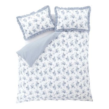 Lenjerie de pat albă-albastră pentru pat dublu 200x200 cm Lucie Floral Frill – Catherine Lansfield