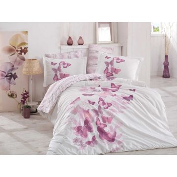 Lenjerie de pat dubla, 4 piese, 100% bumbac poplin, Hobby, Sueno Lilac, alb/roz