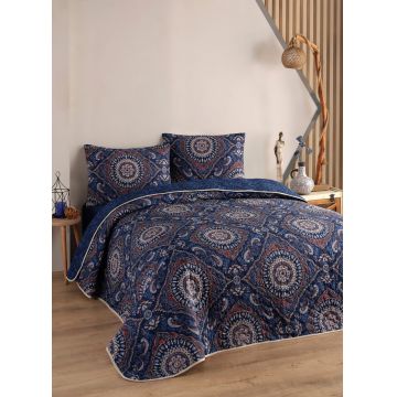 Cuvertura matlasata dubla, Varak - Dark Blue, EnLora Home, 65% bumbac/35% poliester