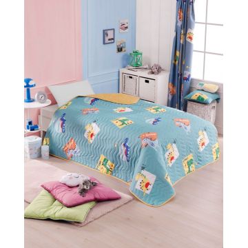 Cuvertura Single 155x200 cm, Good Dino - Green, EnLora Home, 65% bumbac/35% poliester