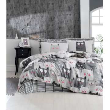Lenjerie de pat dubla 3 piese, Duvarda Kediler, EnLora Home, 65% bumbac/35% poliester