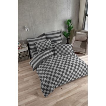 Lenjerie de pat dubla 3 piese, Kareli Saten - Black, EnLora Home, 70% bumbac/30% poliester
