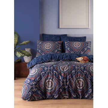 Lenjerie de pat dubla 3 piese, Varak - Dark Blue, EnLora Home, 65% bumbac/35% poliester