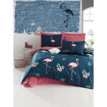 Lenjerie de pat dubla, Big Filamin - Dark Blue, EnLora Home, 65% bumbac/35% poliester