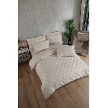 Lenjerie de pat dubla, Kareli Saten - Beige, EnLora Home, 70% bumbac/30% poliester