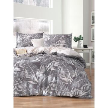 Lenjerie de pat dubla, Palm - Grey, EnLora Home, 65% bumbac/35% poliester