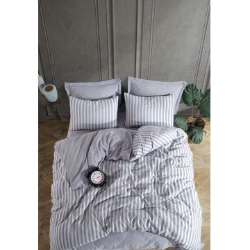 Lenjerie de pat dubla, Road Potlu - Light Grey, EnLora Home, 70% bumbac/30% poliester