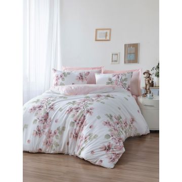 Lenjerie de pat dubla, Spring - White, EnLora Home, 65% bumbac/35% poliester