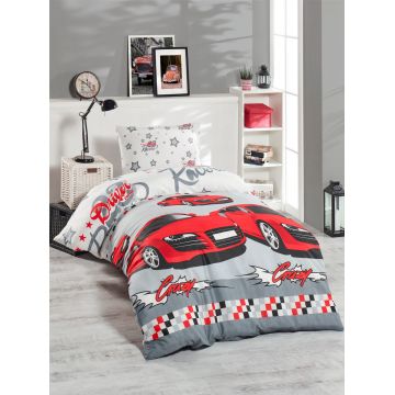 Lenjerie de pat pentru o persoana 2 piese, Crazy - Red, EnLora Home, 65% bumbac/35% poliester