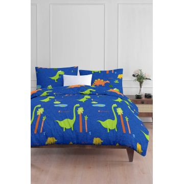 Lenjerie de pat pentru o persoana 2 piese, Dinolar - Dark Blue, Eponj Home, 65% bumbac/35% poliester