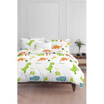 Lenjerie de pat pentru o persoana 2 piese, Dinolar - White, Eponj Home, 65% bumbac/35% poliester