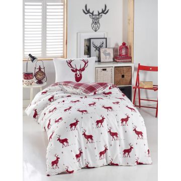 Lenjerie de pat pentru o persoana 2 piese, Geyik - Claret Red, Eponj Home, 65% bumbac/35% poliester