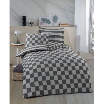 Lenjerie de pat pentru o persoana 2 piese, Kareli Saten - Black, EnLora Home, 70% bumbac/30% poliester