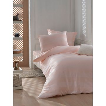 Lenjerie de pat pentru o persoana 2 piese, Max Yollu Saten - Powder, EnLora Home, 70% bumbac/30% poliester