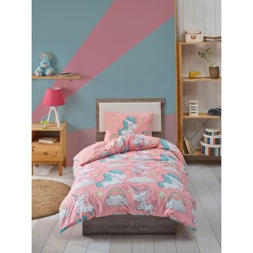 Lenjerie de pat pentru o persoana 2 piese, Unicornio - Pink, EnLora Home, 65% bumbac/35% poliester