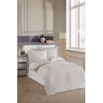 Lenjerie de pat pentru o persoana 2 piese, Water Yollu Saten - Beige, EnLora Home, 70% bumbac/30% poliester