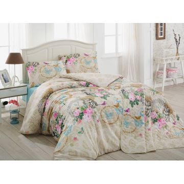 Lenjerie de pat pentru o persoana, Angel - Beige, EnLora Home, 65% bumbac/35% poliester