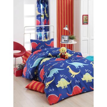 Lenjerie de pat pentru o persoana, Dinazorus - Blue, EnLora Home, 65% bumbac/35% poliester