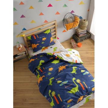 Lenjerie de pat pentru o persoana, Dinolar - Dark Blue, Eponj Home, 65% bumbac/35% poliester
