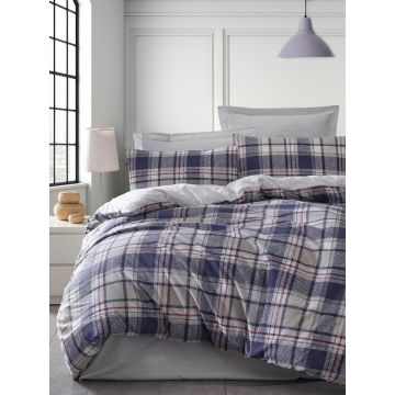 Lenjerie de pat pentru o persoana, Ekose - Dark Blue, EnLora Home, 65% bumbac/35% poliester